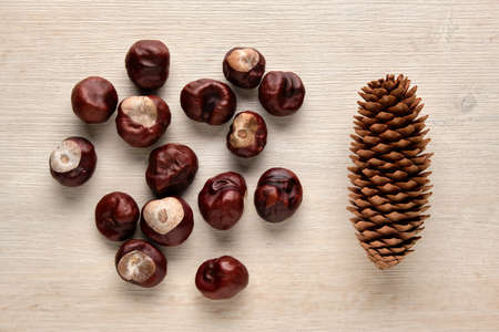 Chestnuts and fir cone on a wooden background. Flat lay, top viewの写真素材