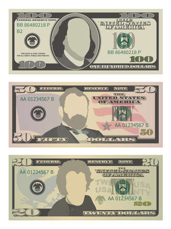 Set of one hundred dollars, fifty dollars and twenty dollar bills. 100, 50 and 20 US dollars banknotes. Vector illustration of USD isolated on a white backgroundのイラスト素材