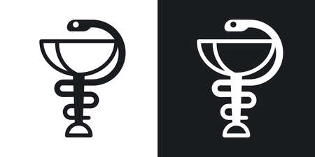 Pharmacy icon with caduceus symbol or hygieia bowl. Minimalistic two-tone vector illustration on black and white backgroundのイラスト素材