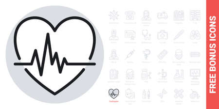 Cardiogram icon. Heart shape with pulse. Simple black and white version. Contains free bonus icons kitのイラスト素材