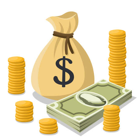 Tied money bag with a dollar sign, gold coins and a bundle of dollar bills nearby. Vector illustration in cartoon style isolated on white backgroundのイラスト素材