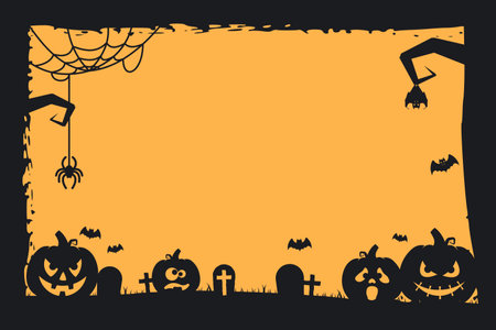 Grunge Halloween frame with pumpkins, bats, cemetery and spiders. Copy space. Vector illustrationのイラスト素材