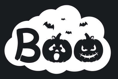 BOO halloween silhouette with pumpkins, bats and witch hat. Vector illustration isolated on a white backgroundのイラスト素材