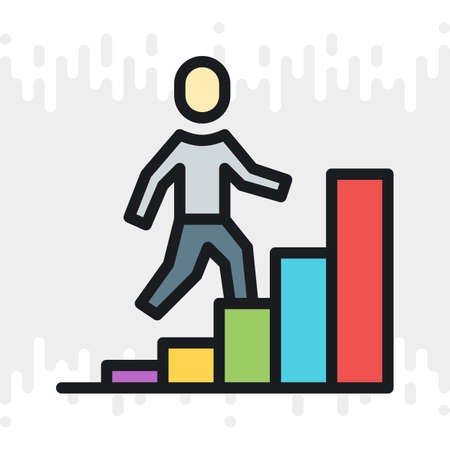 Career growth icon. Man walking up the stairs in the form of a growing chart. Simple color version...