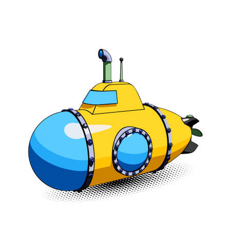 Yellow cartoon submarine with periscope and large portholes. Vector illustration isolated on a white background with halftone shadowのイラスト素材