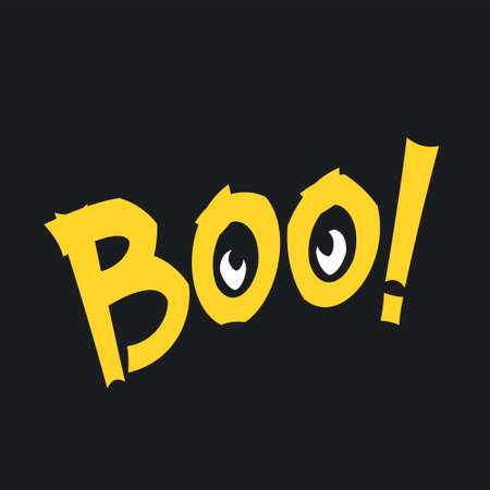Boo text on black background with monster eyes. Lettering for Halloween print design. Vector illustration isolated on blackのイラスト素材