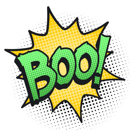 Boo Halloween lettering in cartoon style. Template for print design. Isolated vector illustration on white backgroundのイラスト素材