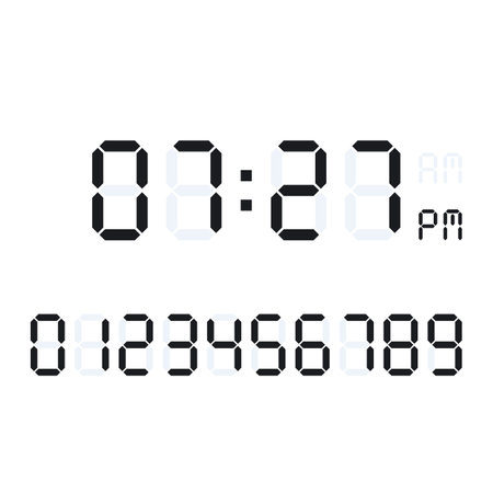 Set of digital numbers for electronic watches, calculators or any other devices with lcd screens. Vector illustration on white backgroundのイラスト素材