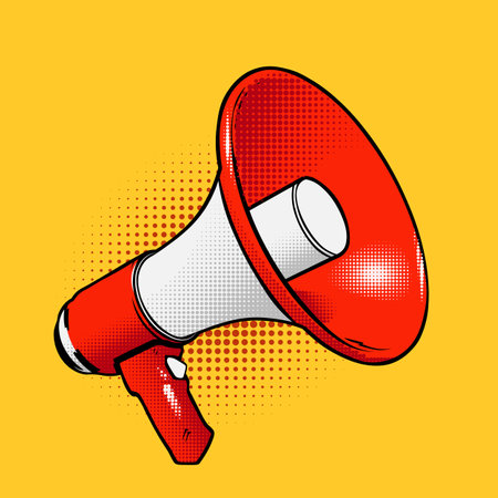 Red megaphone icon in comic cartoon style with halftones. Vector illustration on orange backgroundのイラスト素材