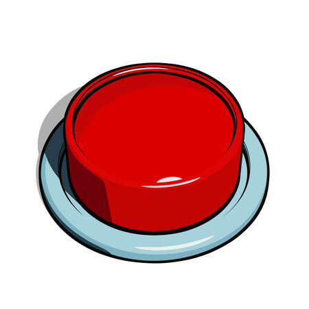 Big red push button in comic cartoon style. Vector illustration isolated on white background