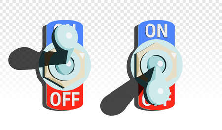 Set of toggle switches turned on and turned off with shadow on transparent background. Vector illustrationのイラスト素材