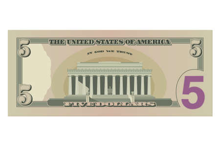 Five dollar bill, 5 US dollars banknote, reverse side. Simplified vector illustration of USD isolated on a white backgroundのイラスト素材