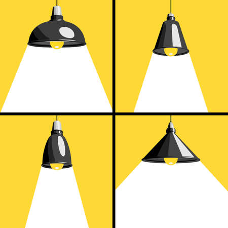 Set of four different pendant lamps with a rays of white light on a yellow background. Vector illustrationのイラスト素材
