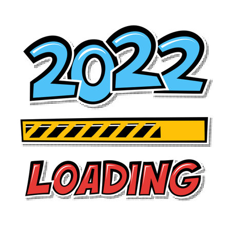 2022 New Year progress bar loading in retro pop art style. Comic vector illustration with halftone shadow isolated on clean white background. Can be used for websites and bannersのイラスト素材
