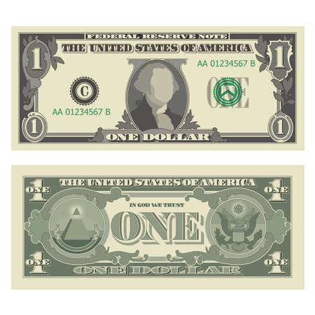 One dollar bill, 1 US dollar banknote, from obverse and reverse. Simplified vector illustration of USD isolated on a white backgroundのイラスト素材