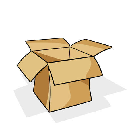 Empty open cardboard box with shadow on a white background. Simple vector illustration in comic...