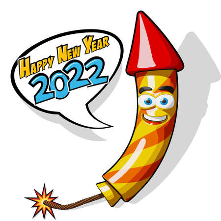 Smiling fireworks rocket in comic cartoon style with lit fuse and speech bubble with text Happy New Year 2022. Simple vector illustration isolated on a white backgroundのイラスト素材