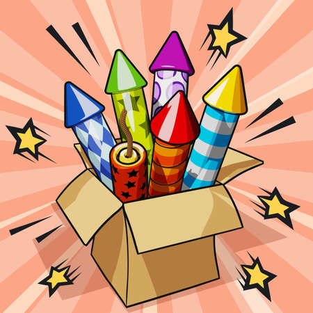 Bright and glossy firework rockets in carton box. Christmas and New Year celebration concept. Vector illustration on abstract radiant backgroundのイラスト素材