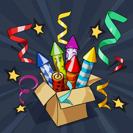 Bright and glossy firework rockets in carton box with confetti. Christmas and New Year celebration concept. Vector illustration on dark radiant backgroundのイラスト素材