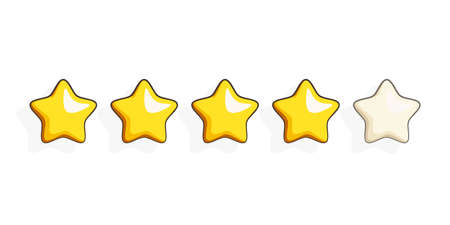 Five gold rating stars. Customer review or feedback concepts. Vector illustration in comic cartoon...