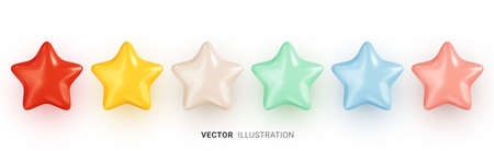Set of colorful stars. Collection of realistic 3D multicolored vector star shapes on white background. Vector illustrationのイラスト素材