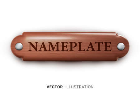 Realistic wooden nameplate. Retro style, wood grain. 3D vector illustration isolated on white backgroundのイラスト素材