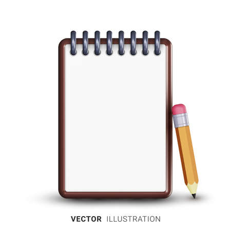 Realistic 3D notepad icon with a pencil, blank white sheet and empty space for any text or logo. Vector illustration, white backgroundのイラスト素材
