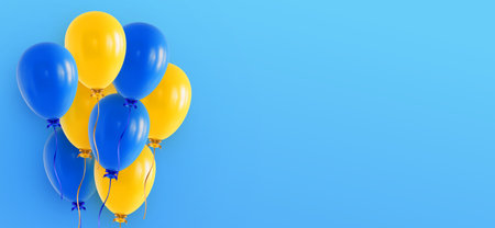 Web banner or greeting card design template with blue and yellow helium balloons and blank copy space at right on light blue background. Realistic 3D vector illustrationのイラスト素材