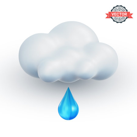 Thundercloud or thunderstorm cloud icon with a raindrop. Realistic 3D vector illustrationのイラスト素材