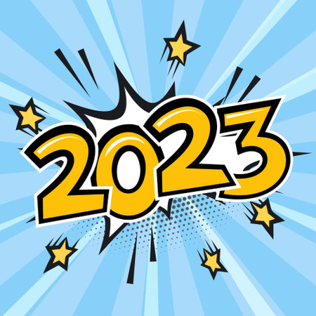 2023 Happy New Year and Merry Christmas comic text explosion or speech bubble. Vector illustration in retro pop art style for greeting cards, banners, posters, flyers and calendarsのイラスト素材