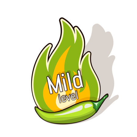 Green chili pepper pod and fire flame from behind. Mild level of spiciness. Logo design for hot sauces or other spicy foodのイラスト素材