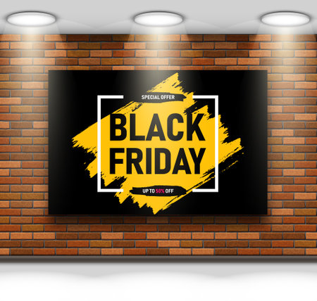 Black Friday sale promotion banner on brick wall. Realistic vector illustrationのイラスト素材