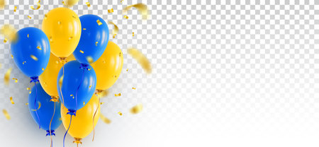 Bunch of blue and yellow helium balloons on transparent background with falling confetti and blank copy space at right. Web banner or greeting card design template. Realistic 3D vector illustrationのイラスト素材