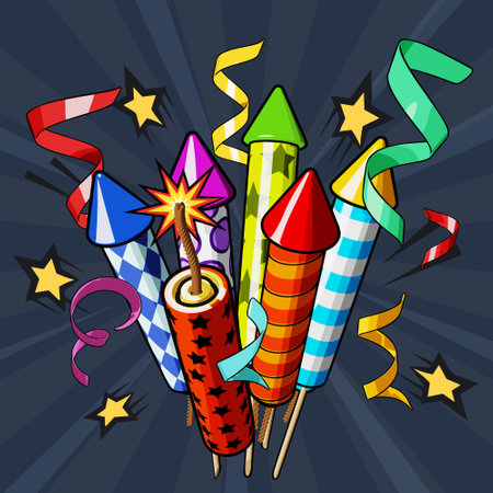 Lots of firecrackers and rockets for fireworks with falling confetti. Christmas, New Year and Independence Day celebration concept. Vector illustration on dark radiant backgroundのイラスト素材