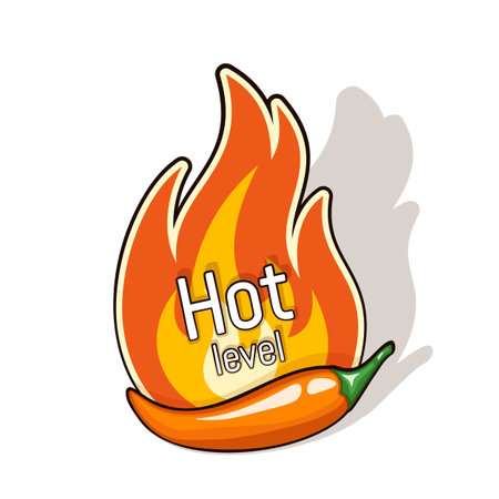 Hot chili pepper pod and fire flame from behind. Hot level of spiciness. Logo design for hot sauces or other spicy foodのイラスト素材