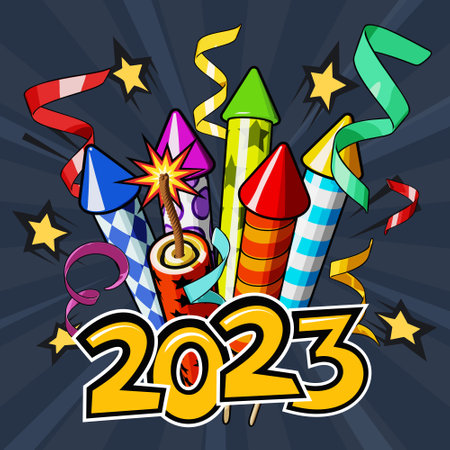 2023 text and New Year fireworks, Happy New Year greetings against a starry night sky. Vector illustration in comic pop art styleのイラスト素材
