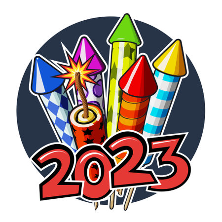 2023 text and New Year firework cracker rockets, Happy New Year greetings against a starry night...