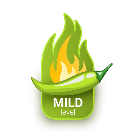 Green chili pepper pod and fire flame from behind. Mild hotness or spiciness level. Logo design for hot sauces or other spicy foodのイラスト素材