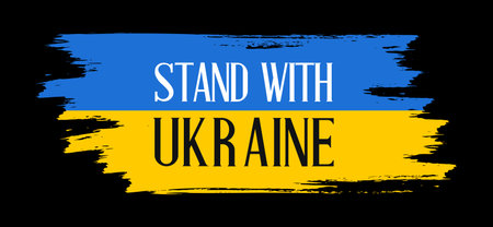 Stand with Ukraine text on the Ukrainian flag. Banner in support of Ukraine, Stop the War Against Ukraine. Vector illustration on black backgroundのイラスト素材