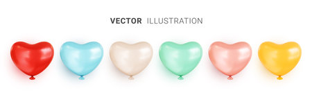 Set of multicolored helium balloons in the shape of a heart. Group of heart icons in different colors. Valentine's Day greeting card design elements. Realistic 3D vector illustrationのイラスト素材