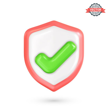 Green check mark in the security shield, realistic 3d icon in cartoon style. Vector illustration isolated on white backgroundのイラスト素材