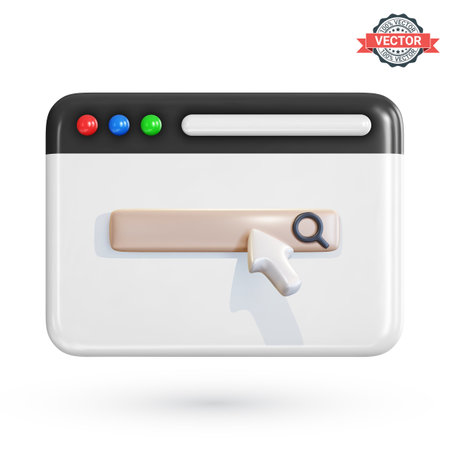 Web browser icon with search bar and mouse pointer on white background. Realistic 3D vector illustrationのイラスト素材