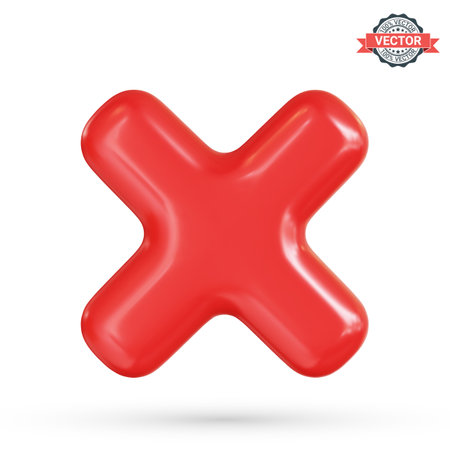 Incorrect sign or wrong mark icon. Glossy red cross on white background. Realistic 3D vector illustrationのイラスト素材
