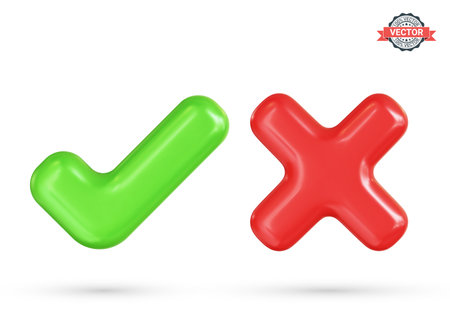 Green tick and red cross. Correct and incorrect signs, right and wrong mark icons. Realistic 3D vector illustration on white backgroundのイラスト素材