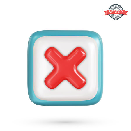 Wrong mark icon or incorrect sign. Glossy button with red cross. Realistic 3D vector illustration on white backgroundのイラスト素材