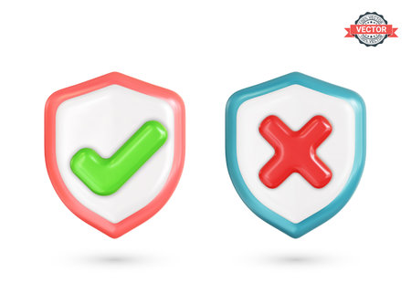 Correct and incorrect signs on shield icons. Right and wrong mark icons. Green tick and red cross symbols. Realistic 3D vector illustration on white backgroundのイラスト素材