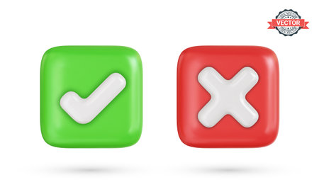 Correct and incorrect signs, right and wrong mark icons. Green and red checkmark buttons with tick and cross symbols. Realistic 3D vector illustration on white backgroundのイラスト素材