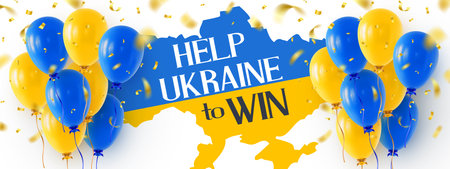 Help Ukraine to Win text on the map of Ukraine and two bunches of helium balloons on the sides. Banner in support of Ukraine, help win the liberation war. Realistic 3D vector illustrationの写真素材