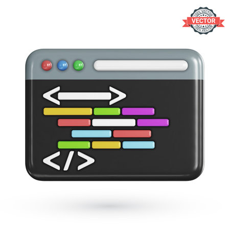 Program code development icon. Web coding or website programming concept. Web browser window or IDE application with a dark theme and source code displayed in it. Realistic 3D vector illustrationのイラスト素材