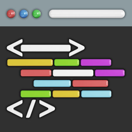 Program code development. Web coding or website programming concept. Web browser window or IDE application with a dark theme and source code displayed in it. Realistic 3D vector illustrationのイラスト素材